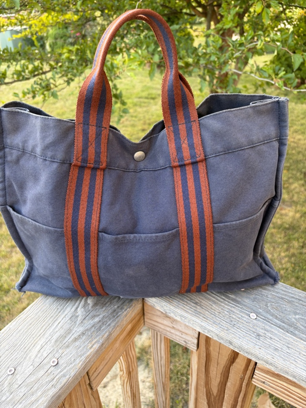 Hermes Navy Canvas Tote with Brown Straps